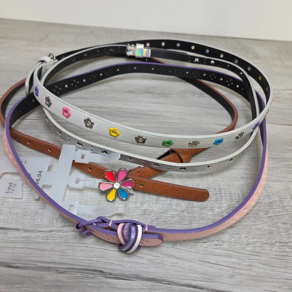 Girls Skinny Belt Set 4pc Multicolor Flower Heart Butterfly Glitter Holographic